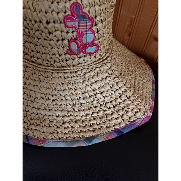 Disney World Sun Hat Pink Patchwork Brown Straw Hat Adult Beach Mickey Mouse - Picture 3 of 11